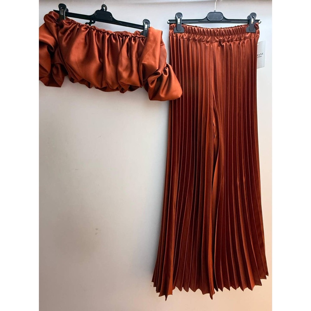 Rust Colored Two Piece Satin Crop Top and Flare Pant set - Picture 2 of 4